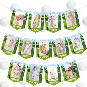 JOYMEMO 13Pcs Golf Photo Banner - 1st Birthday Baby Photo Banner for Newborn To 12 Months, Hole in One Birthday Decorations Boy Girl, Golf Sports Themed First Birthday Party Supplies Indoor Outdoor