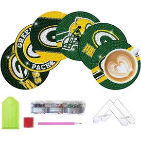 Aimeryup 6 Pcs Diamond Paintings Coasters Kits with Holder, DIY Football Diamond Art Coasters for Adults Kids, Diamond Dot Kits for Green Bay Craft Gifts