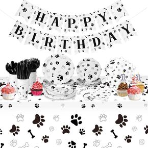 171 Pieces Dog Paw Pattern Birthday Party Supplies Set Includes 7" and 9" Plates Cup Napkins Forks Knives Spoon 2 Tablecloth Banner for Puppy Theme Birthday Party Decorations