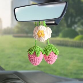 2 PCS Strawberry Car Decoration Pink Hand Knitting Hanging Charms Accessories for Women Girls,Cute Woolen Yarn Car Charm,Suitable for Backpacks, Key Chains