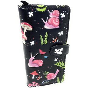 Shag Wear Snail and Mushroom Forest Large Insect Wallet for Women and Teen Girls Vegan Faux Leather Black 7"