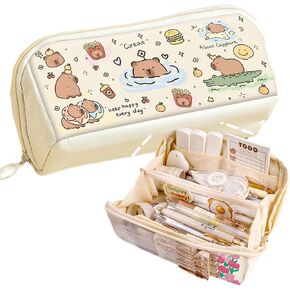 Pencil Pouch Multi-Layer Large Capacity Capybara Print Quirky Fun Cute (Beige-1), TM240315-1(2)-test-1