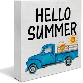 Hello Summer Wood Box Sign Art Decor Desk Sign Blue Truck Sun Wooden Box Block Sign Farmhouse Home Shelf Wall Decoration