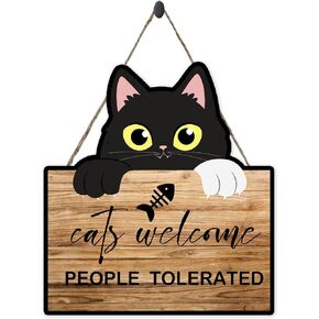 wuguimeii Funny Welcome Sign,Cats Welcome People Tolerated,Wooden Hanging Wall Sign,Decoration for Home Front Door,Gifts for Women Cat Lovers,Black Kitten,9.8x11 inches