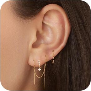 CHESKY Chain Dangle Gold Earrings for Women, Earrings Set for Multiple Piercing 14K Gold Plated CZ Stud Cartilage Earrings Hypoallergenic Chain Earrings Dainty Drop Earring Jewelry Gifts for Women