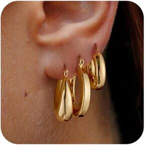 Gold Sliver Chunky Hoop Earrings Set for Women | 14K Gold Plated Huggie Hoop Earring Open Lightweight Chunky Hoop Earrings | Hoop Earrings for Women Jewelry Gifts