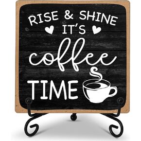 Farmhouse Coffee Bar Sign, Rise & Shine It's Coffee Time, 4"x4" Wood Plaque with Stand Gift for Home Kitchen Tabletop Decor -B09