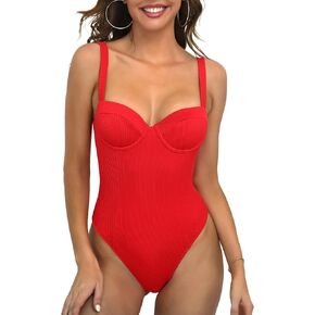 Women's One Piece Swimsuit Sports Adjustable Strap Bathing Suit Ribbed High Cut Swimsuits