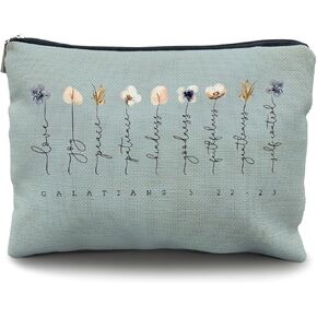 Christian Flower Leather Makeup Bag,Galatians 5:22-23,Fruit of the Spirit,Christian Gift Bags,Bible Verse Gifts,Inspirational Christian Gifts for Women Girls,Bible Verse Cosmetic Bag（PU-blue）