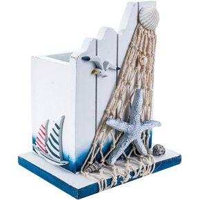 1pcs Wooden Pen Holder Pen Container Pen Organizer Nautical Desk Decoration Makeup Brush Holder for Home Office (White)