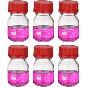 PATIKIL 6 Pack Reagent Media Storage Bottles, 25ml Borosilicate Glass Graduated Round Bottles with GL32 Blue Screw Cap for Lab Water Reagent Liquids, Clear