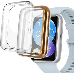 2-Pack Screen Protector Case Cover Compatible with Huawei Watch Fit 2, Soft TPU All-Around Protector Cover (Rose Gold/Clear)