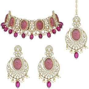 مجموعة مجوهرات قلادة زفاف هندية مطلية بالذهب من بوليوود كوندان ولؤلؤ كوندان للنساء من I Jewels (K7233)