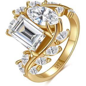 Unique Toi et Moi Engagement Ring 14K Gold Plated | 925 Sterling Silver Women Cubic Zirconia Engagement Ring Emerald&Marquise Cut Leaf Branch Ring Width Band 2.5mm Size 5-9