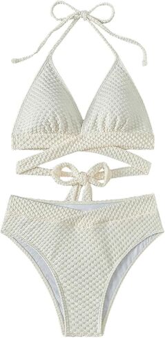 SweatyRocks Women's 2 Piece Swimwear Criss Cross Tie Backless Swimsuit Textured Halter Triangle Bikini Sets in Saudi Arabia