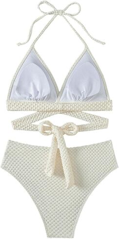 SweatyRocks Women's 2 Piece Swimwear Criss Cross Tie Backless Swimsuit Textured Halter Triangle Bikini Sets in Saudi Arabia