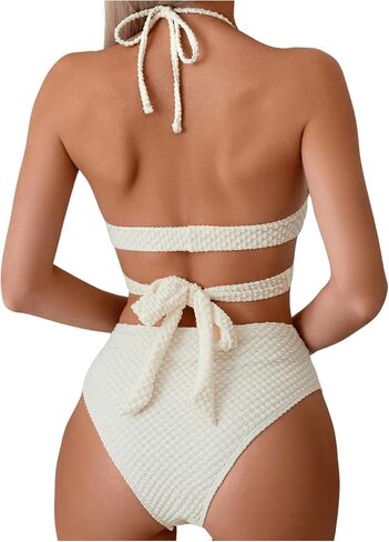 SweatyRocks Women's 2 Piece Swimwear Criss Cross Tie Backless Swimsuit Textured Halter Triangle Bikini Sets in Saudi Arabia
