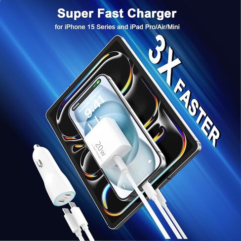 شاحن سيارة iPhone 15 شحن سريع، [معتمد من MFi] شاحن حائط USB C بقدرة 20 وات + محول شاحن سيارة USB C مزدوج بقدرة 40 وات + 2 حزمة سلك USB C إلى C بطول 3 أقدام لهاتف iPhone 15/15 Plus/15 Pro/15 Pro Max، iPad Pro/ الهواء/ميني in Kuwait