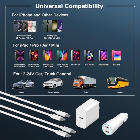 شاحن سيارة iPhone 15 شحن سريع، [معتمد من MFi] شاحن حائط USB C بقدرة 20 وات + محول شاحن سيارة USB C مزدوج بقدرة 40 وات + 2 حزمة سلك USB C إلى C بطول 3 أقدام لهاتف iPhone 15/15 Plus/15 Pro/15 Pro Max، iPad Pro/ الهواء/ميني in Kuwait