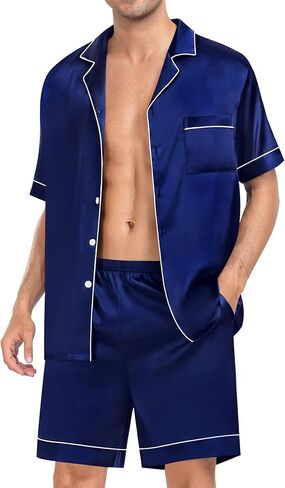 طقم بيجامة من الساتان للرجال من LecGee مكون من قطعتين بأكمام قصيرة من PJs ملابس نوم رجالية ناعمة مع جيوب in Kuwait