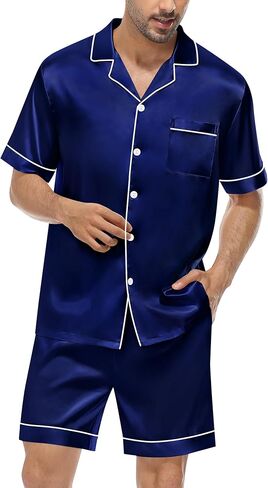 طقم بيجامة من الساتان للرجال من LecGee مكون من قطعتين بأكمام قصيرة من PJs ملابس نوم رجالية ناعمة مع جيوب in Kuwait