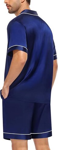 طقم بيجامة من الساتان للرجال من LecGee مكون من قطعتين بأكمام قصيرة من PJs ملابس نوم رجالية ناعمة مع جيوب in Kuwait