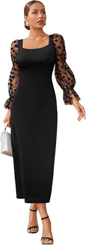 WDIRARA Women's Polka Dots Mesh Long Sleeve Square Neck Elegant Party Long Dress in Saudi Arabia