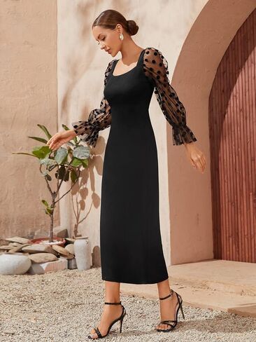 WDIRARA Women's Polka Dots Mesh Long Sleeve Square Neck Elegant Party Long Dress in Saudi Arabia