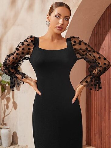 WDIRARA Women's Polka Dots Mesh Long Sleeve Square Neck Elegant Party Long Dress in Saudi Arabia