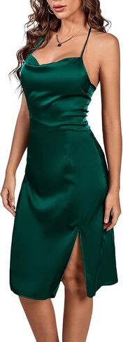 LYANER Women's Halter Strappy Satin Drape Cowl Neck Sleeveless Backless Split Slit Party Dress in Saudi Arabia