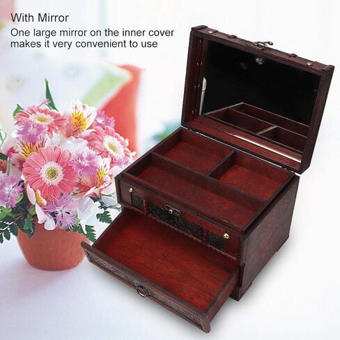 صندوق مجوهرات خشبي عتيق من Walfront، مقاس 8.7 × 6.3 × 6.3 بوصة، منظم صندوق تخزين وأقراط وقلادة مع مرآة لحفلات الزفاف أو صندوق مجوهرات شخصي أو صندوق هدايا in Saudi Arabia