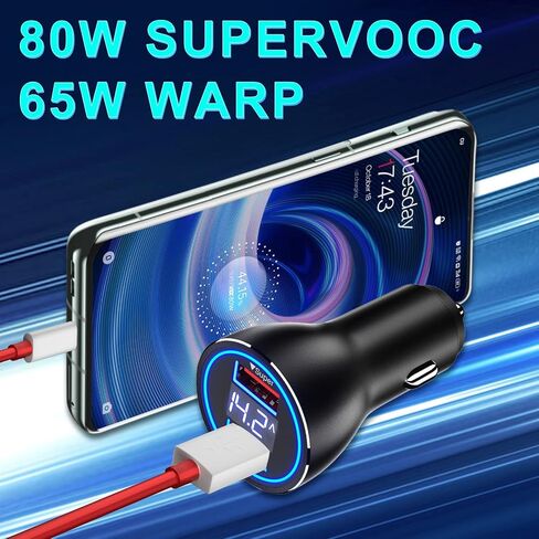 شاحن سيارة USB 80 وات لهاتف OnePlus 12R 12 مفتوح 11 شحن فائق السرعة، محول منفذ مزدوج سريع مع كابل USB C بطول 3.3 قدم ولاعة سجائر للسيارة Dash/Warp 65 شحن شحن لهاتف OnePlus 10 Pro 8 7 Nord 2T 2 Pad in Kuwait