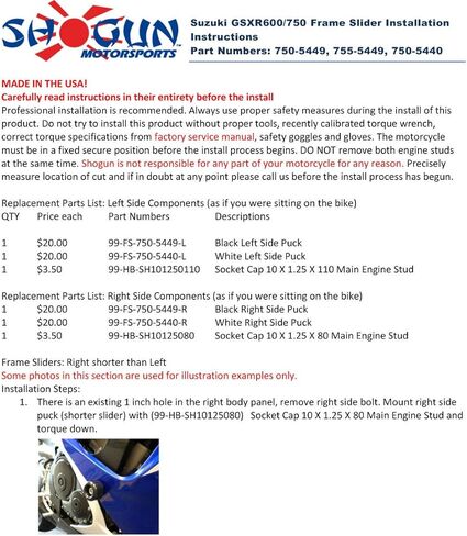 Shogun RACE KIT BODY MOD مطلوب الجانب الأيسر سوزوكي GSXR600 GSXR750 2008 2009 2010 مجموعة منزلق الإطار الكامل الأسود تتضمن منزلقات الإطار وبكرات ذراع التأرجح ونهايات البار - 755-5449 - صُنع في الولايات المتحدة الأمريكية in Kuwait