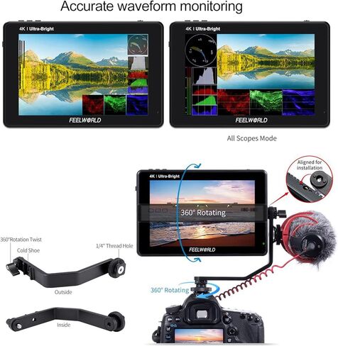 شاشة لمس FEELWORLD LUT7 PRO مقاس 7 بوصة 2200nit شاشة لمس ثلاثية الأبعاد LUT DSLR مع طاقة خارجية F970 ومجموعة تثبيت Waveform Vectorscope 4K HDMI مدخل ومخرج 1920X1200 لوحة IPS in Kuwait