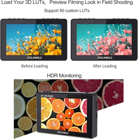 شاشة لمس FEELWORLD LUT7 PRO مقاس 7 بوصة 2200nit شاشة لمس ثلاثية الأبعاد LUT DSLR مع طاقة خارجية F970 ومجموعة تثبيت Waveform Vectorscope 4K HDMI مدخل ومخرج 1920X1200 لوحة IPS in Kuwait