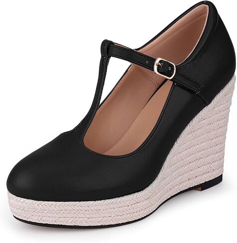 Women's T-Strap espadrilles Wedges sandals Platform Buckle Strap closed Toe comfortable heeled sandals in Saudi Arabia