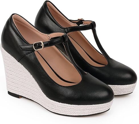 Women's T-Strap espadrilles Wedges sandals Platform Buckle Strap closed Toe comfortable heeled sandals in Saudi Arabia