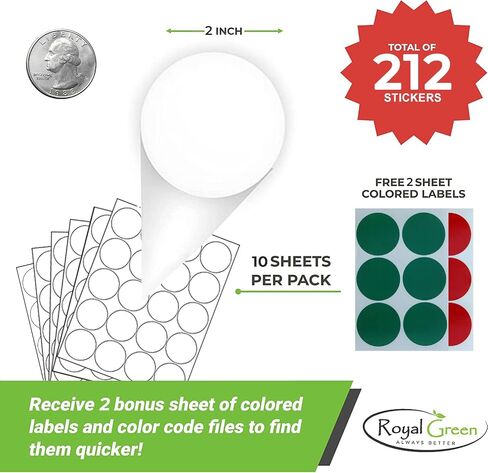 Royal Green Round Labels for Laser and Inkjet Printers Template Included Blank Stickers Sheets + Bonus Colored Labels 2 inch (50mm) 7 Full Sheets - 152 Pack in Saudi Arabia