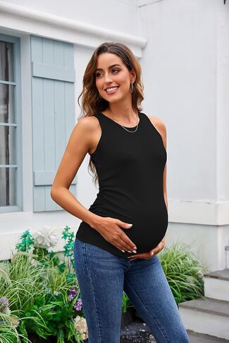 Women's Maternity Tank Tops Summer Sleeveless Crewneck Ribbed Slim Fitted Blouse Side Ruched Pregnancy Shirts in Saudi Arabia