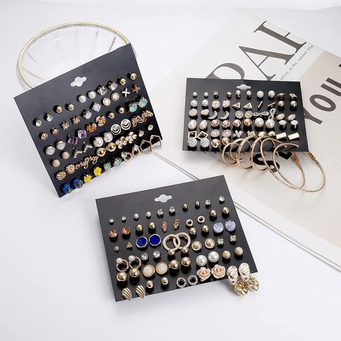 FIBO STEEL 90 زوجًا من الأقراط المتنوعة المتنوعة للنساء، مجموعة أقراط متدلية على شكل كرة بسيطة من CZ واللؤلؤ على شكل زهرة in Kuwait