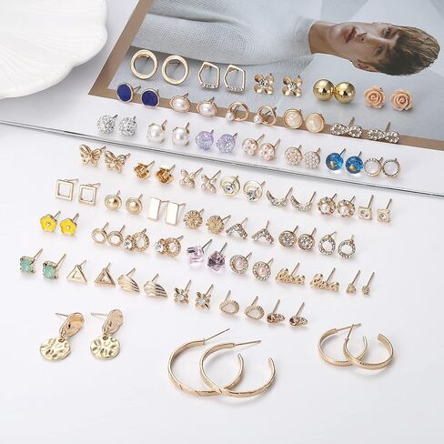 FIBO STEEL 90 زوجًا من الأقراط المتنوعة المتنوعة للنساء، مجموعة أقراط متدلية على شكل كرة بسيطة من CZ واللؤلؤ على شكل زهرة in Kuwait