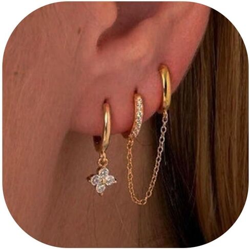 3-4 Hole Cartilage Stud Earrings Set for Women Dainty Gold Earrings 14k Gold Plated Hypoallergenic Earring Set for Multiple Piercing Non Tarnish Small Hoop Earrings Gift for Her in Saudi Arabia