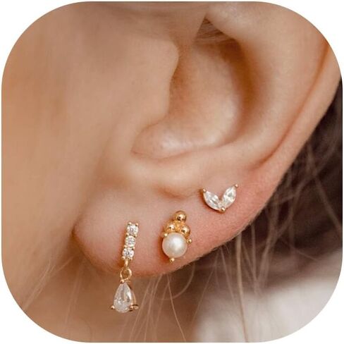 3-4 Hole Cartilage Stud Earrings Set for Women Dainty Gold Earrings 14k Gold Plated Hypoallergenic Earring Set for Multiple Piercing Non Tarnish Small Hoop Earrings Gift for Her in Saudi Arabia