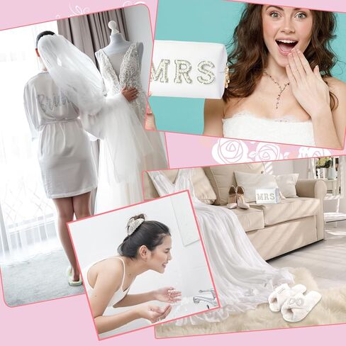 مجموعة هدايا Bride to Be، شباشب I Do Bride، رداء العروس، رقعة شعر العروس، حقيبة مستحضرات التجميل MRS، قلادة على شكل سوار (شبشب + حقيبة مكياج + رداء + مشبك) in Kuwait