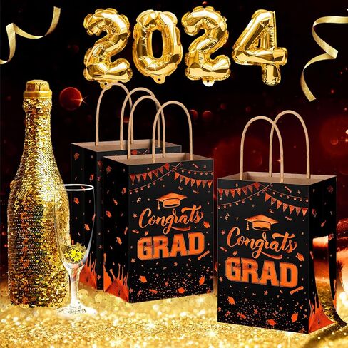 حقيبة هدايا التخرج 12 قطعة من PerKoop 2024 مع مقابض برتقالية، حقائب تهنئة ورقية، حقائب هدايا ورقية، لوازم حفلات التخرج، زينة الحلوى الجيدة للمدرسة الثانوية، 8 × 6 × 3 بوصة (برتقالي) in Kuwait