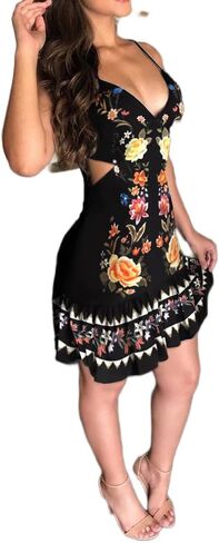 فستان نسائي ضيق بدون أكمام، مثير بياقة V عميقة، فستان حفلات بطبعة زهور، فستان كامي مكشكش in Kuwait