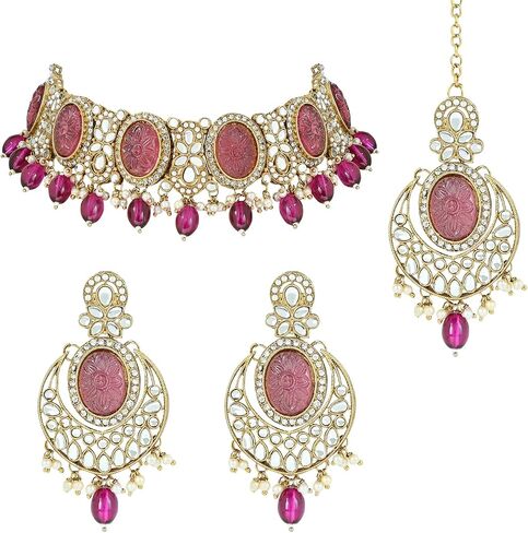 مجموعة مجوهرات قلادة زفاف هندية مطلية بالذهب من بوليوود كوندان ولؤلؤ كوندان للنساء من I Jewels (K7233) in Kuwait