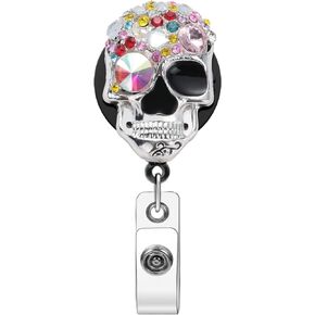 Diamond Badge Reel Cute Retractable Rhinestone Badge Holder Name ID Badge Clip with Swivel Alligator Reel Clip for Nurse Doctor Teachers Students (Coloured Skull)