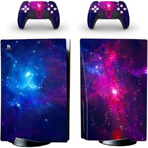 Full Body Vinyl Skin Sticker Decal Cover for PS5 Console and Two Controllers Disc Edition - Purple Galaxy