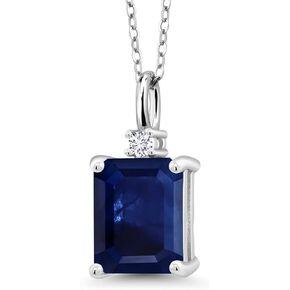 Gem Stone King 925 Silver Blue Sapphire and White Lab Grown Diamond Pendant Necklace For Women (3.49 Cttw, Gemstone September Birthstone, Emerald Cut 10X8MM with 18 Inch Silver Chain)